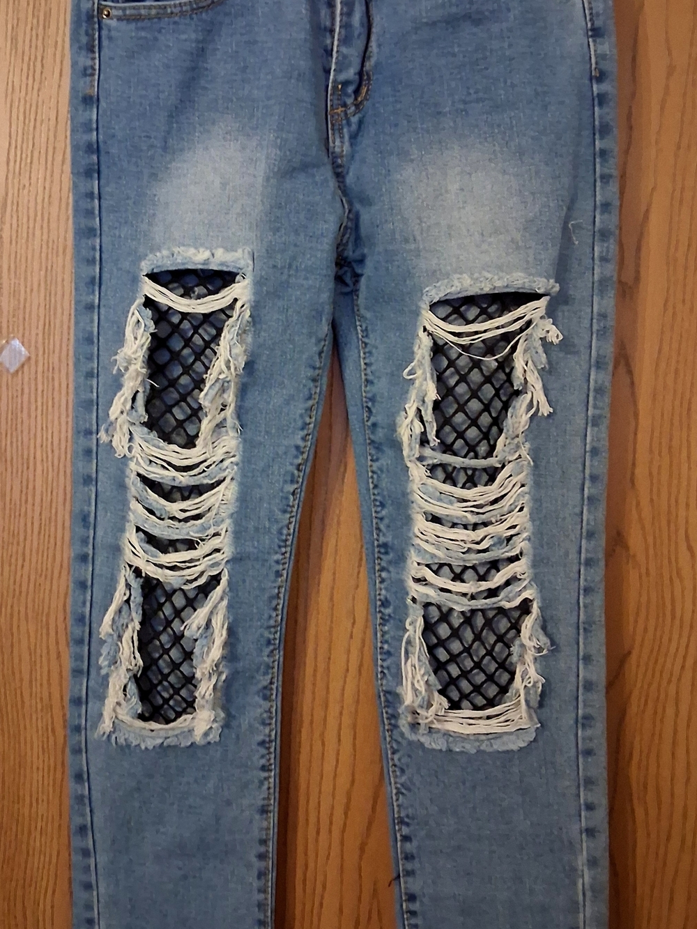 Denim Light Blue Distressed Ankle Jeans with Black Fishnet Panels